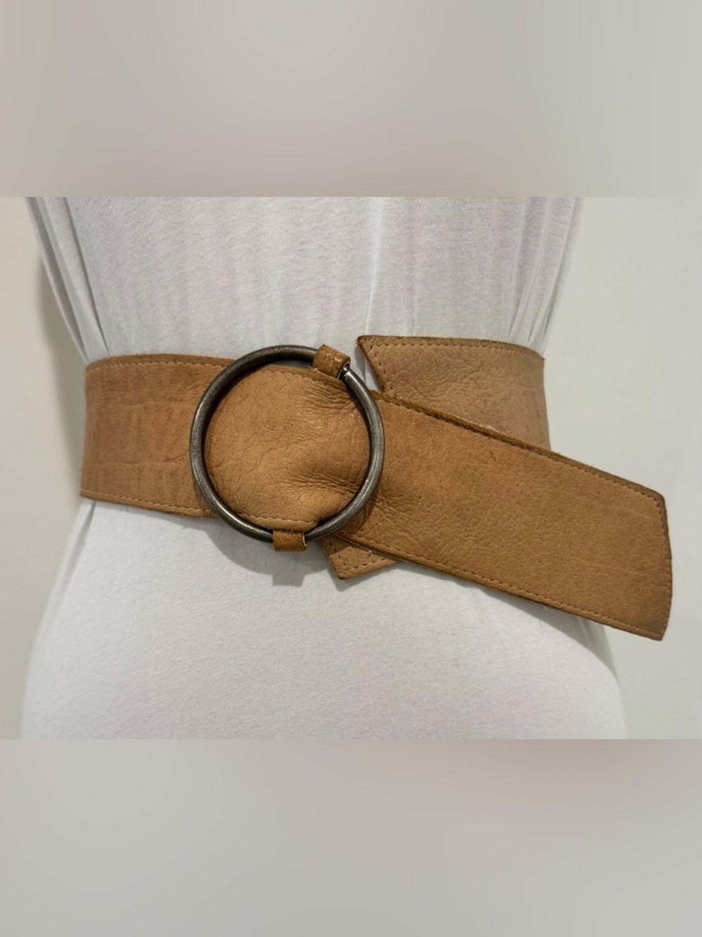 Wide Tan Waist Belt with Antique Metal Ring Buckle